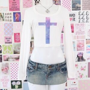 y2k galaxy cross cropped long sleeve top white size S/M